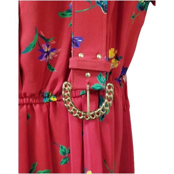 Leslie Fay Petite Vtg Red Purple Floral Belted Pleated Midi Dress Sz 10 Modest - Picture 5 of 10
